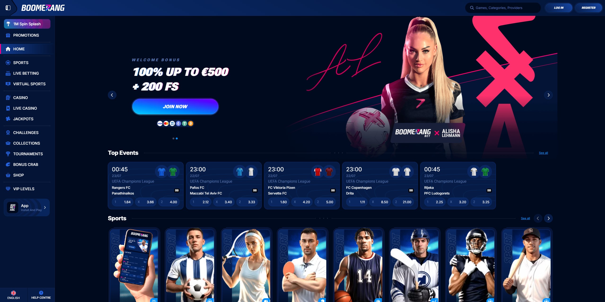 Boomerang Bet Benutzeroberfläche auf dem Desktop